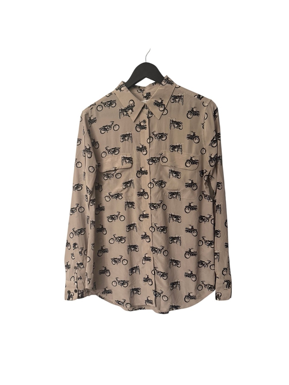 Equipment Femme 100% Silk Slim Signature Shirt M Motorcycle Print Button Up Gray